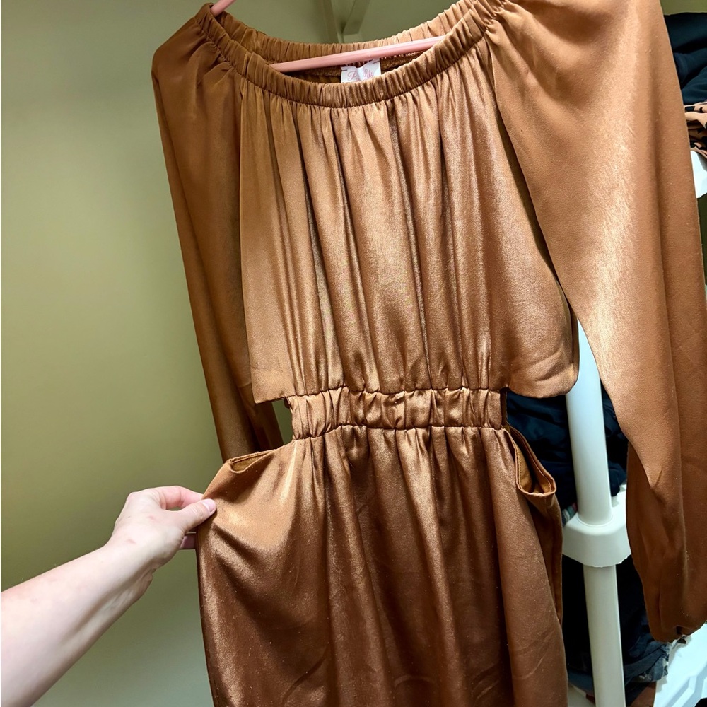 Satin Copper Brown Elastic Waist Long Sleeve Dress